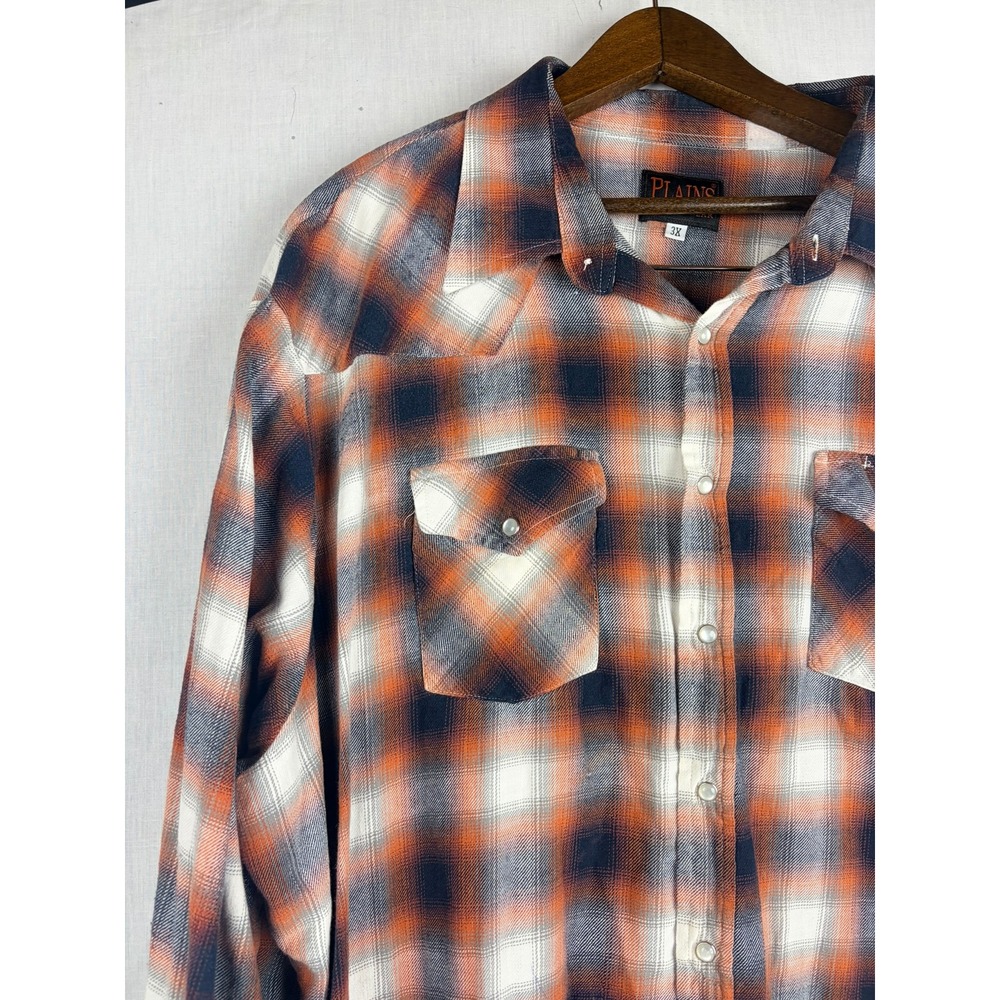 Plains Western Wear Mens 3X Pearl Snap Shirt Orange Navy Plaid Long Sleeve Yoke - Picture 3 of 13